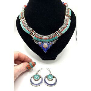 Tibetan Nepal Handmade Natural Turquoise, Coral, Lapis,  Necklace & Earring Set